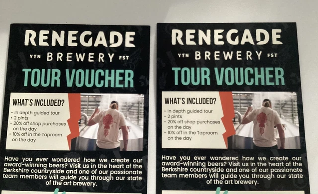 2 X RENEGADE Brewery Tour Vouchers CHRISTMAS XMAS GIFT
