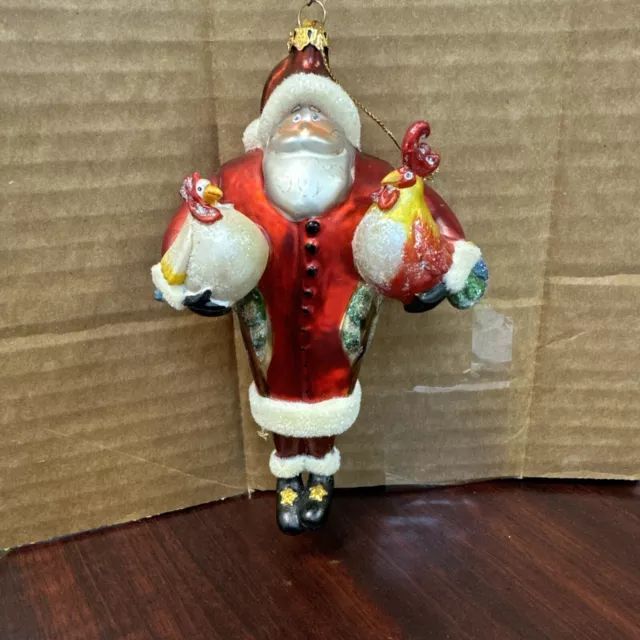 Vintage Santa Claus Holding Chickens Mercury Glass Christmas Ornament 6.5" Tall