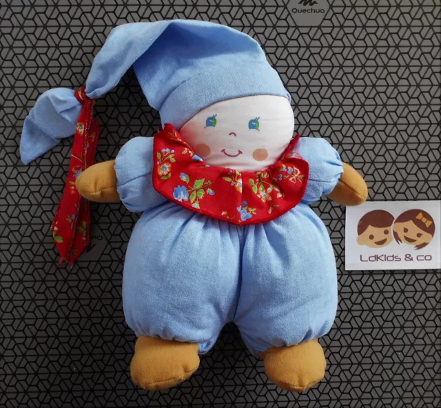 DOUDOU PELUCHE AJENA LUTIN POUPEE CHIFFON BLEU FLEURS BONNET GRELOT 24 cm- D1120