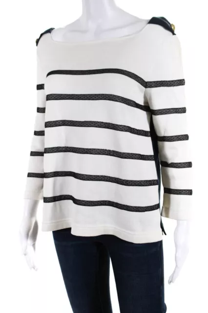 RED Valentino Women's Square Neck Stripped Lace Wool Sweater Top White Size L 2