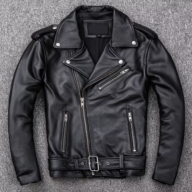 UK Giacca in pelle di mucca nera invernale da uomo aderente cappotto moto motociclista