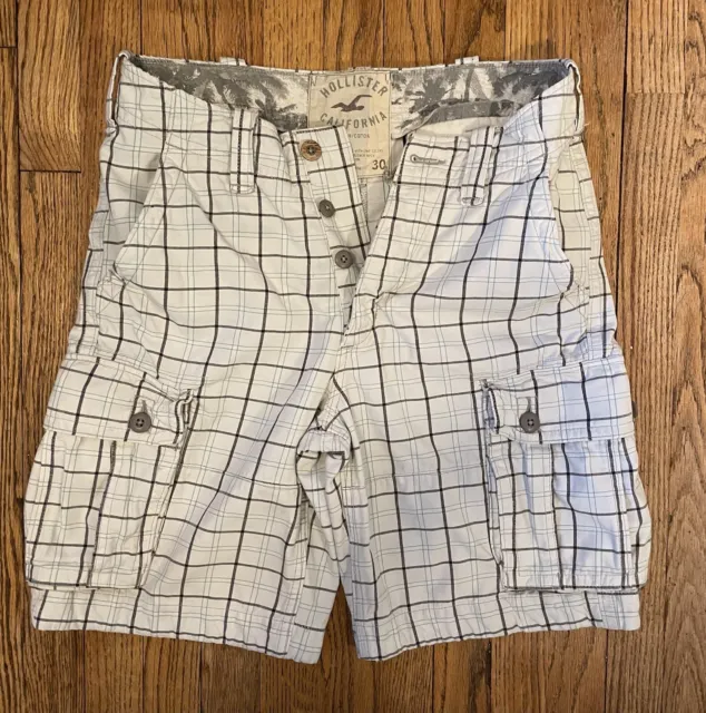 HOLLISTER Men's Size 30 Blue & Gray Plaid Button Fly Cotton Cargo Shorts