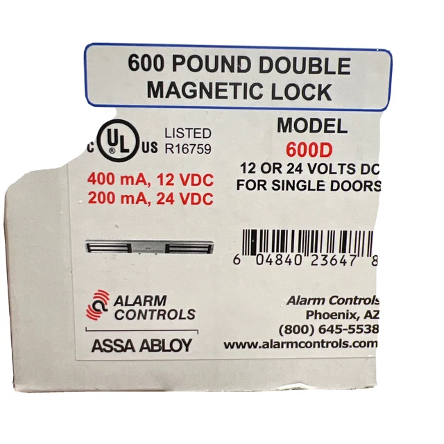Alarm Controls 600D 600 lbs Double Door Magnetic Lock, 12 or 24 VDC Use
