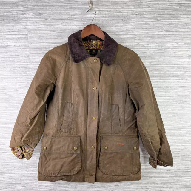 Barbour Jacket Womens 6 Brown Beaufort Chore Coat Waxed Cotton Field Barn VTG