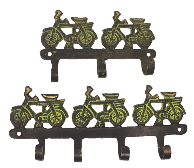 2 Pcs Bicycle Engraved Antique Style Handmade Brass Key Cloth Wall Hanger Hook