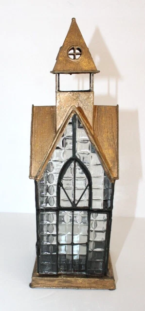 12" Tall "Church" w/Battery Votive, Gold Tin Roof,Faux Leaded Glass Windows,Door