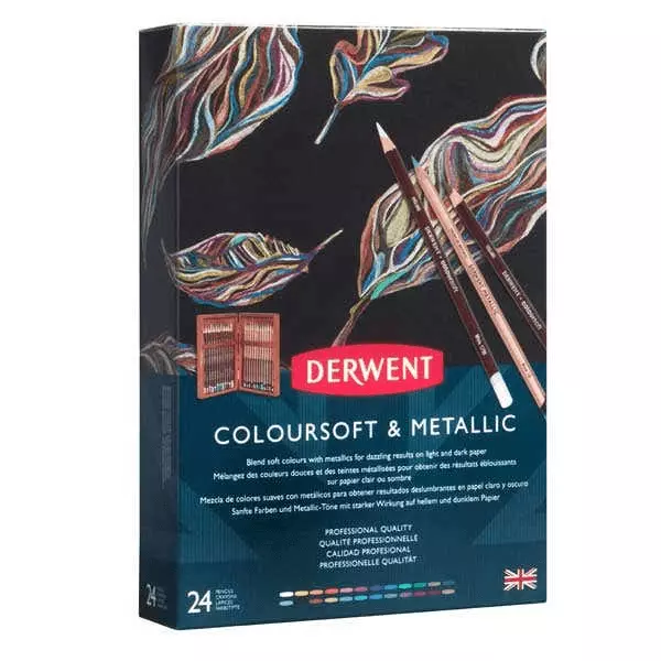 NEW Derwent 24 Coloursoft & Metallic Coloured Pencils Artists Wooden Box Set 3