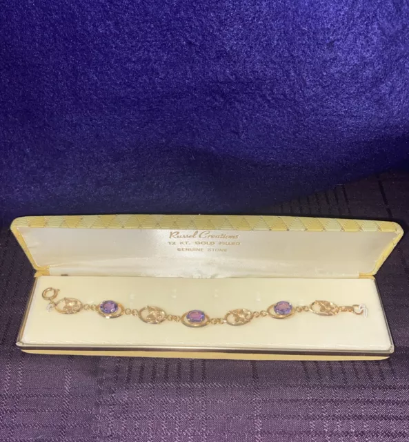 Vintage Russel Creations 1/20 12 K Gold Filled Bracelet-Purple Amethyst Stones