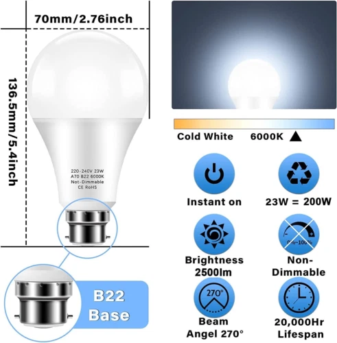 Plusluck B22 LED Glühbirnen 23W, Bajonett Glühbirne, kühlweiß 6000k 2