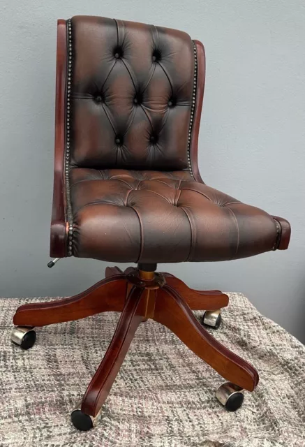 Vintage Adjustable & Swivel Brown Leather Chesterfield Style Office Chair.