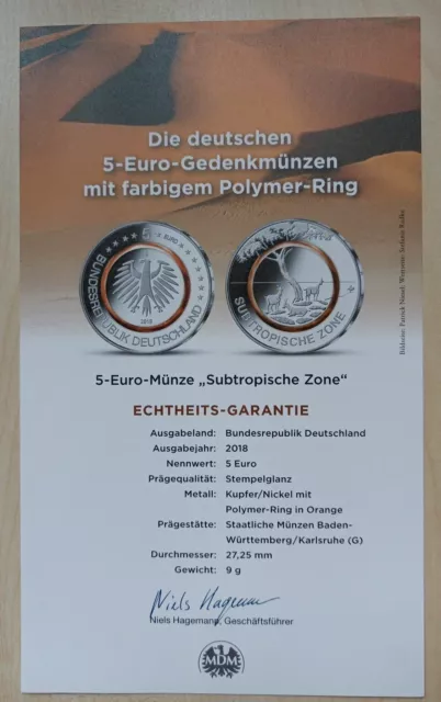 Subtropische Zone 2018 Zertifikat f. 5 Euro Mzz.G Gedenkmünze Polymerring orange