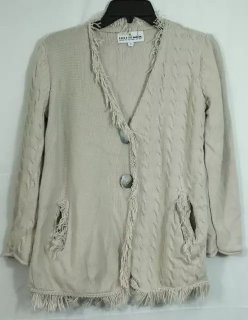 Neon Buddha M 100% Cotton Cardigan Size M Fringe Trim Cable Knit Sweater