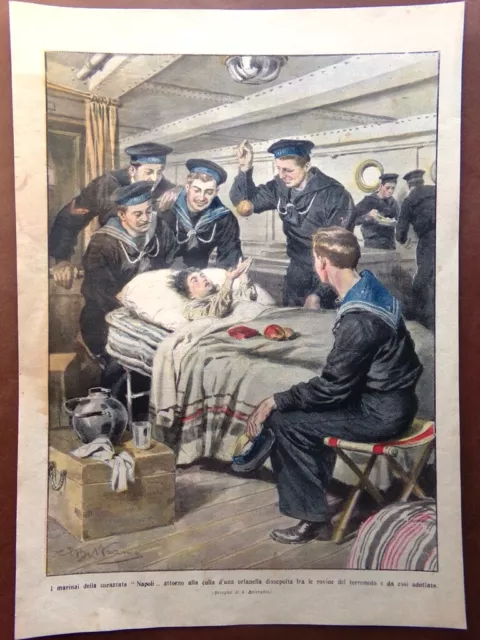 Retrocopertina Domenica Corriere nr. 3 del 1909 Marinai Corazzata Napoli Orfana