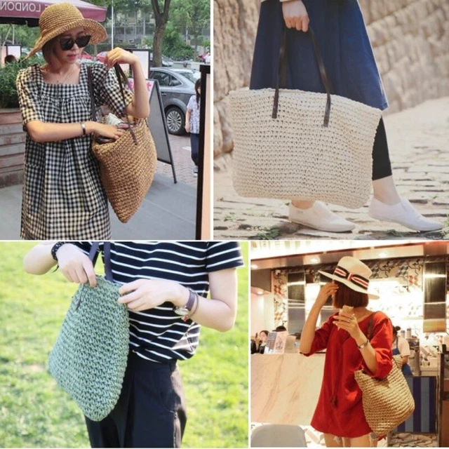 Grand Sac Femme En Paille Tressée - Plage été - Crochet Rotin - 48x35cm