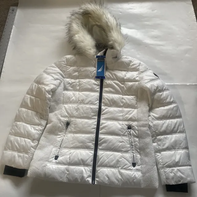 Nautica Women’s Large White Puffer Coat Full Zip With Removable Faux Fur Hood