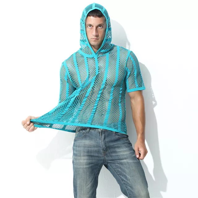 Uomo Rete a Maglia T-Shirt Top Camicia Allenamento con Cappuccio Tee Gym Blusa