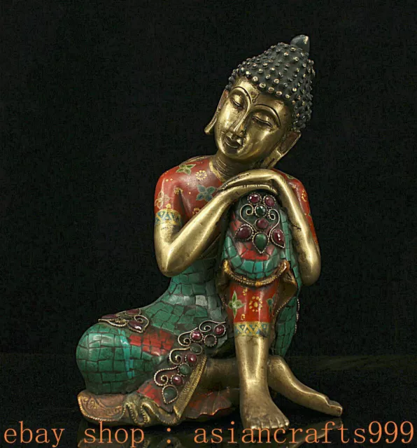 9,6'' Altes Tibet Buddhist Bronze Gold Türkis Inlay Juwel Schlaf Buddha Statue