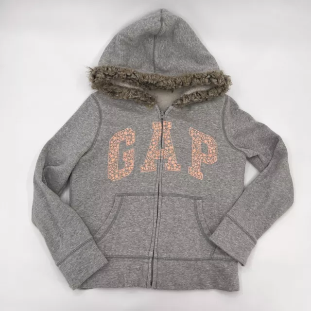 GAP Kids Jacket Girls Boys XXL 2XL Gray Faux Fur Hooded Pockets Full Zip