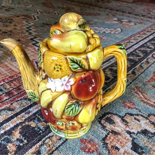 Vintage Ceramic Teapot Embossed Harvest Fruit Made in Japan Mid Century 1950s