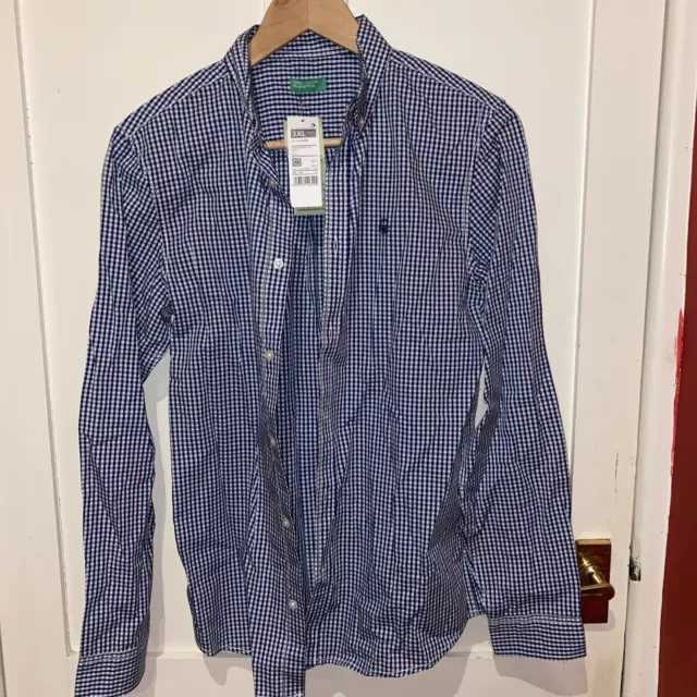 Benetton Age 13-14 Blue And White Checked Smart Shirt Button Down Collar BNWT