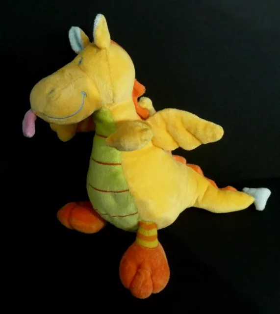 R7 PELUCHE DOUDOU NICOTOY KIABI DRAGON ORANGE VERT BLEU ROSE AILE JAUNE 24cm TBE