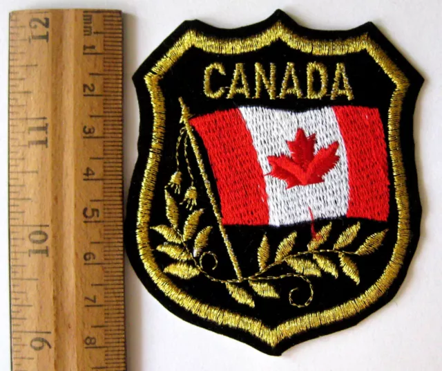 Large 3" Maple Leaf Flag On Shield CANADA PATCH Sparkly GOLD Thread Badge Emblem