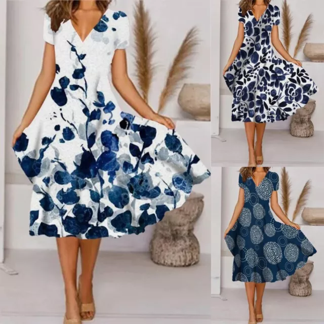 Womens Boho V Neck Floral Midi Dress Ladies Summer Beach Evening Party Dress US