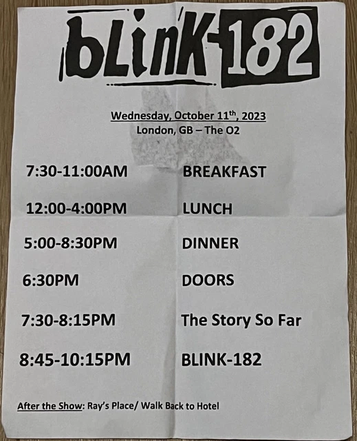 BLINK182 WORLD Tour 2023/2024 Schedule Sheet (The O2 11/10/23) £