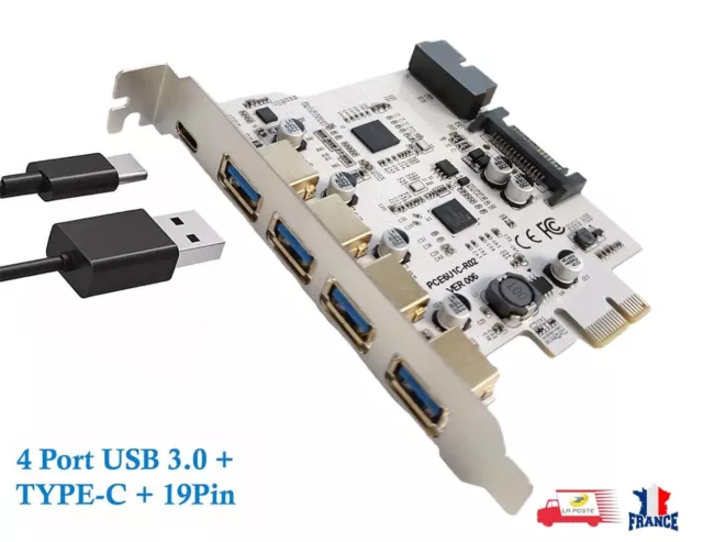Carte contrôleur PCI Express à 4 ports USB 3.0 + USB3.1 TYPE-C Carte d'extension