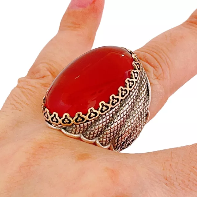 Men shia islamic ring natural carnelian agate aqeeq akik silver yemeni ehlibeyt 3