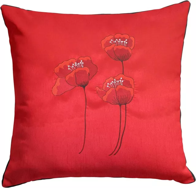 Silk Embroidered Red Poppy Flower Luxury Floral Piped red Cushion Cover £4.99