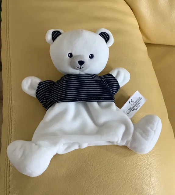 Doudou marionnette ours Simba Toy Kiabi  blanc T-shirt rayé bleu blanc nez Gris