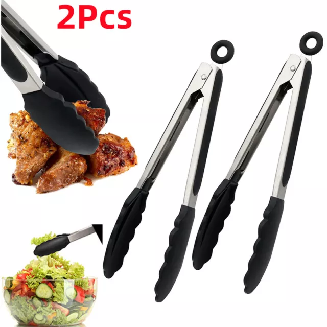 2X Silicone Kitchen Cooking Tongs Salad Serving BBQ Stainless Handle Utensil