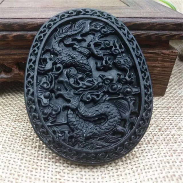 Chinese Natural Black Green Jade Hand Carved  Jade Pendant Dragon Lucky Amulet