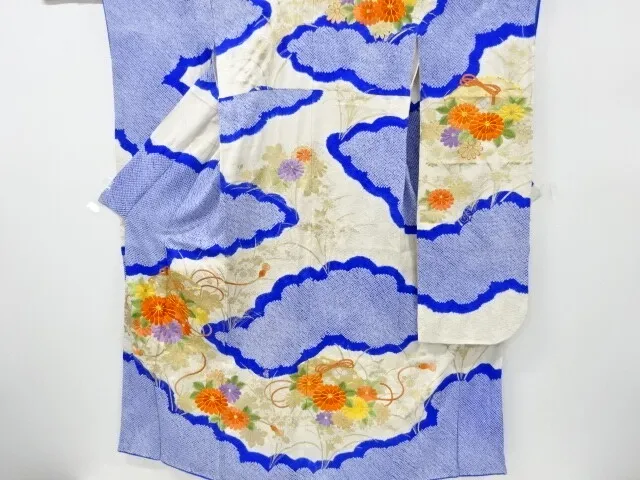 11374# Japanese Kimono / Vintage Furisode / Embroidery / Shibori / Kiku