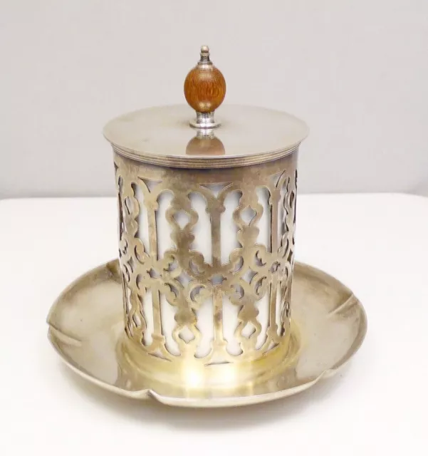 Antique Reticulated Silver Plate Lidded Tea Caddy w/ Royal Worcester Insert Cup