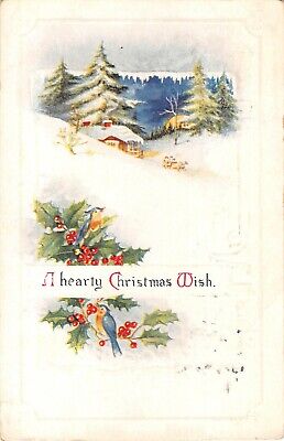Bluebirds Perched on Holly Near Snowy Home Scene-1923 Christmas Postcard - 135