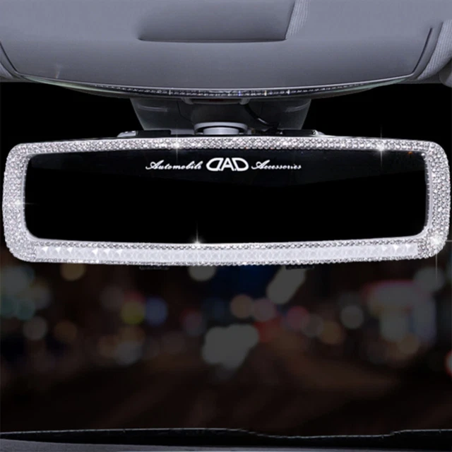 Car Interior Rearview Clear Glass Mirror Women Crystal Bling Diamond Decor Cover