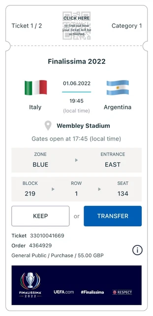 2 Biglietti FINALISSIMA UEFA 2022 ITALIA - ARGENTINA, JUNE 1, WEMBLEY STADIUM