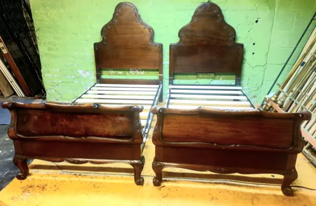 Magnificent pair of adults Art Deco carved walnut single beds 1930s Queen Anne