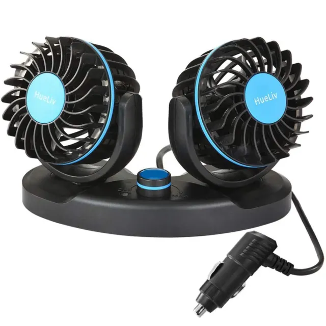 HueLiv 12V Electric Car Cooling Fan 360° Adjustable Dual Head Low Noise Auto Fan