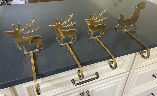4 Vintage POTTERY BARN Sleigh & Reindeer Stocking Holders Christmas Solid Brass 4 Vintage POTTERY BARN Sleigh & Reindeer Stocking Holders Christmas Solid Brass
