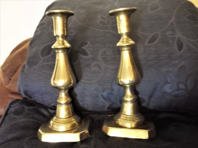 Pair Of Very Old Solid Heavy Brass Balluster Candlesticks Oblong Base