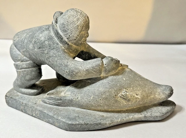 Vintage Signed Karl K Inuit Soapstone Seal Dressing Hunting Sculpture