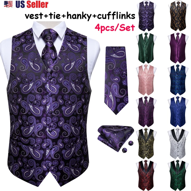 Mens Formal Wedding Waistcoat Paisley Floral Suit Vest Slim Tuxedo Silk Tie Set