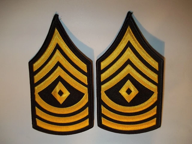 Pair 6" Embroidered Uniform Patch Gold on Black First Sergeant Iron On NEW
