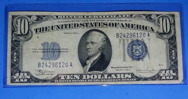 1934 C $10 Silver Cert.! Blue Seal, Vf. Circ. Cond.! Old Us Currency! Nice !