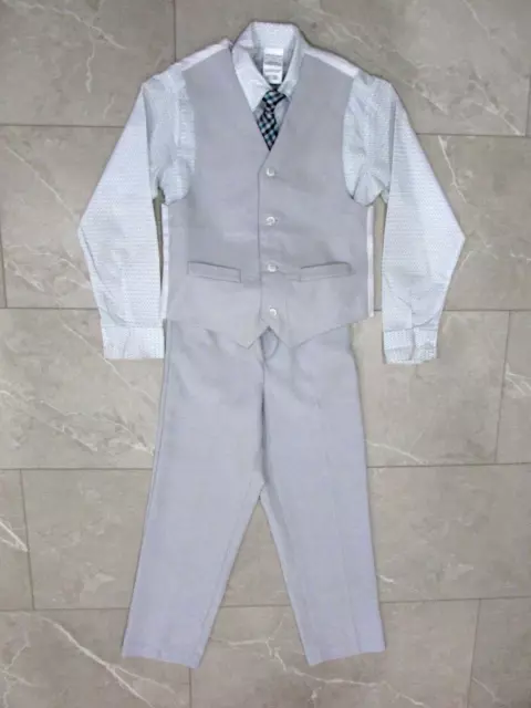 Van Heusen Boys 4 Piece Suit Size 10 Gray Vest Shirt Tie Pants