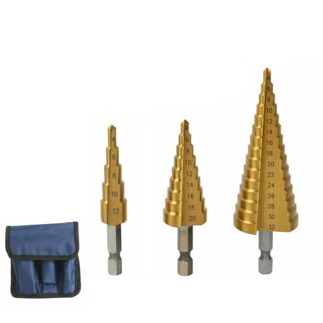 3Pcs Titanium Step Drill Cone Cutting Tools Steel Woodworking Metal Drilling Bit