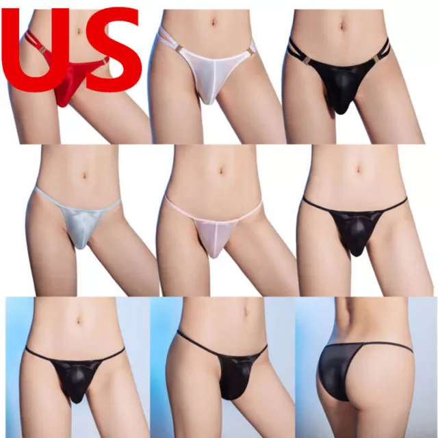 US Mens Underwear See-Through Bulge Pouch Thong Oil Glossy Low-Rise T-back Micro